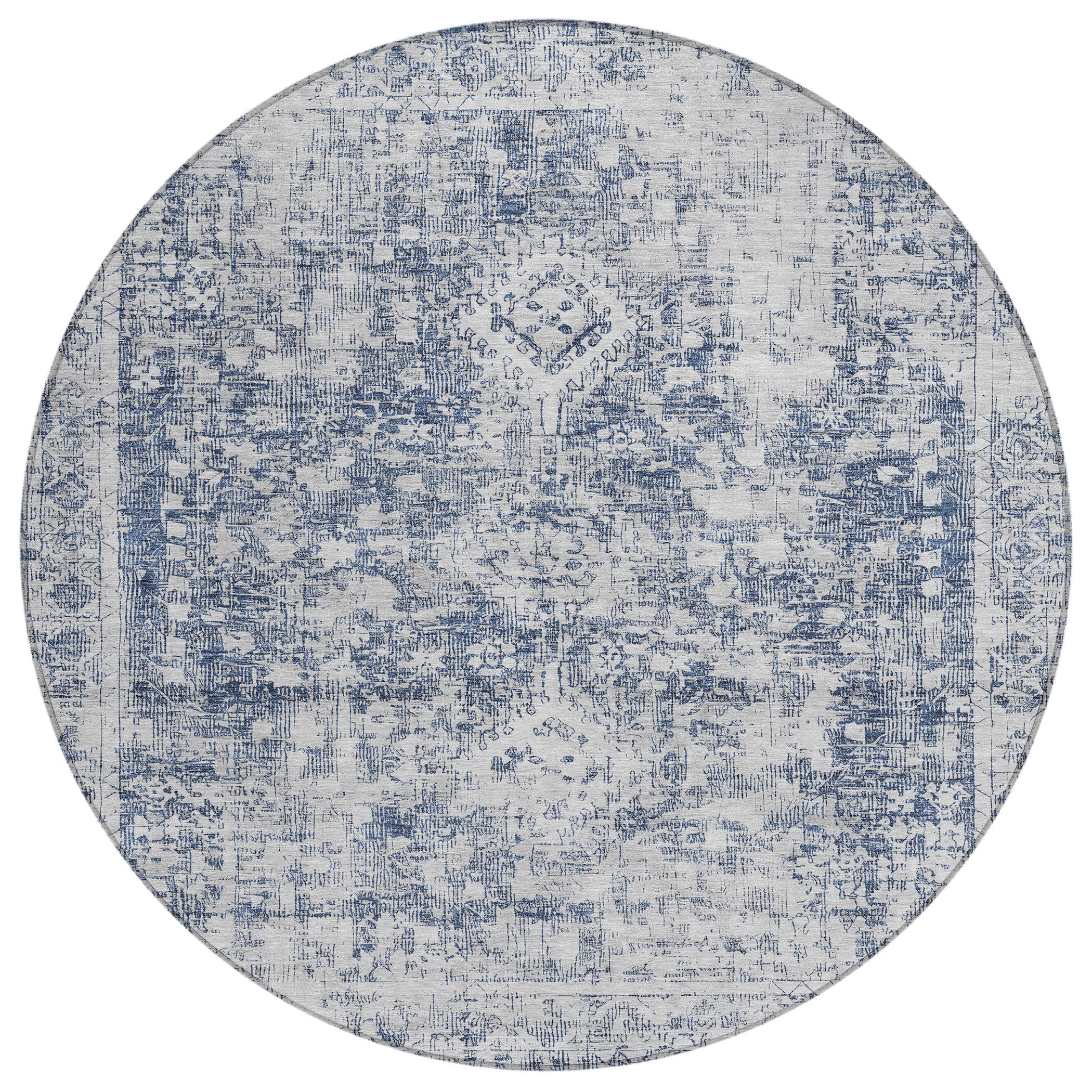 8' Navy Blue Round Oriental Washable Indoor Outdoor Area Rug