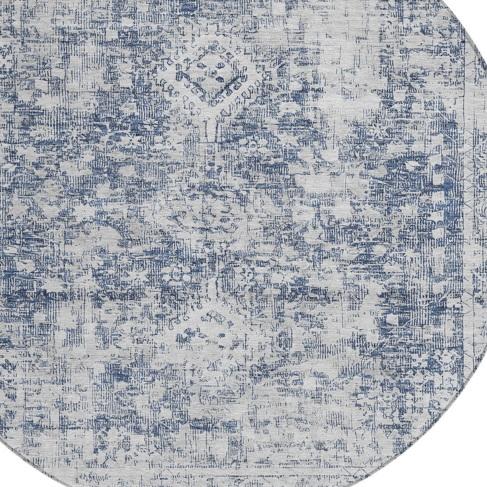 8' Navy Blue Round Oriental Washable Indoor Outdoor Area Rug