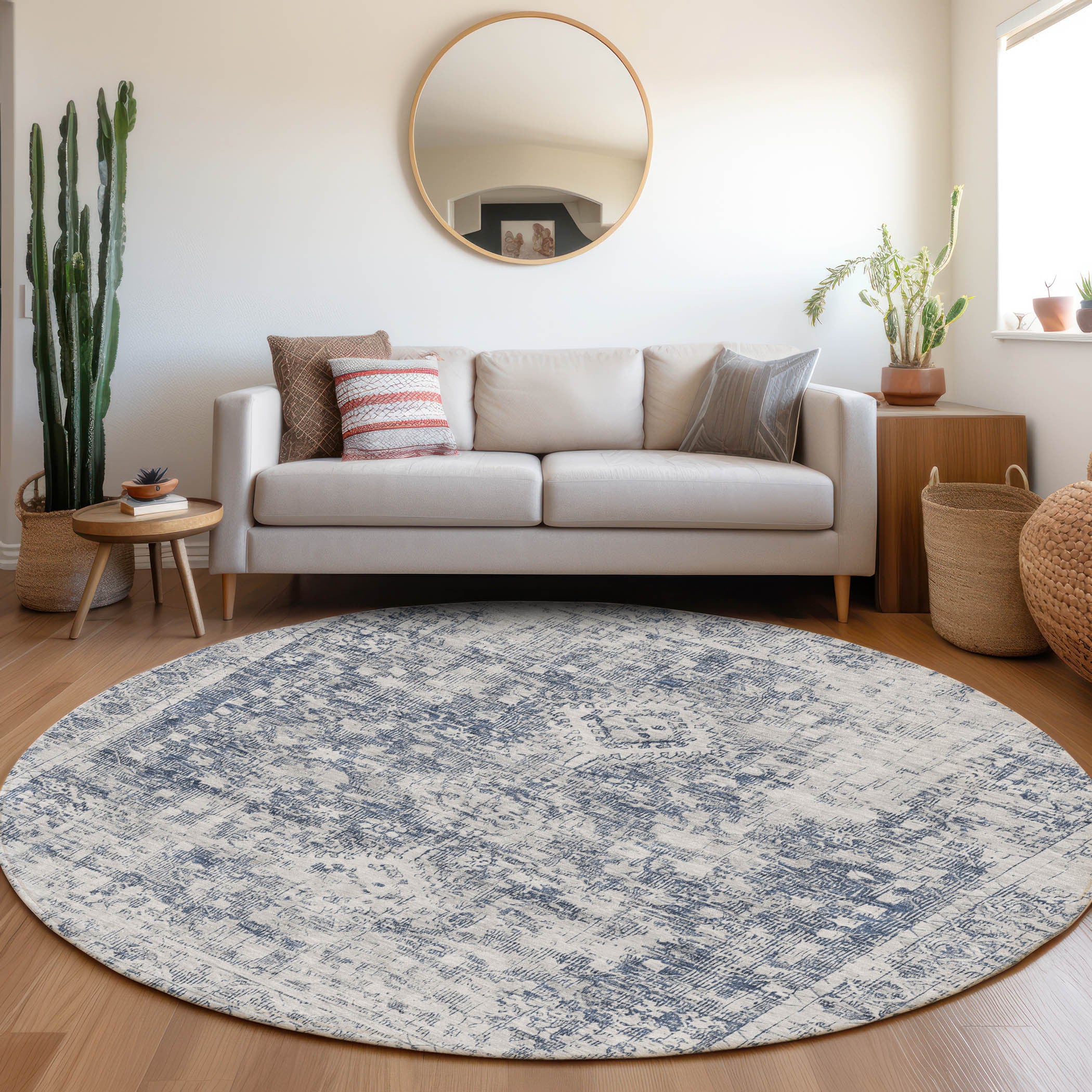 8' Navy Blue Round Oriental Washable Indoor Outdoor Area Rug
