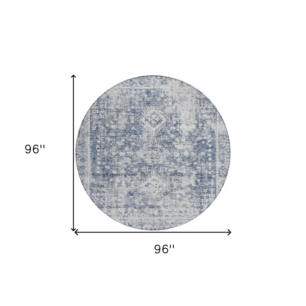 8' Navy Blue Round Oriental Washable Indoor Outdoor Area Rug