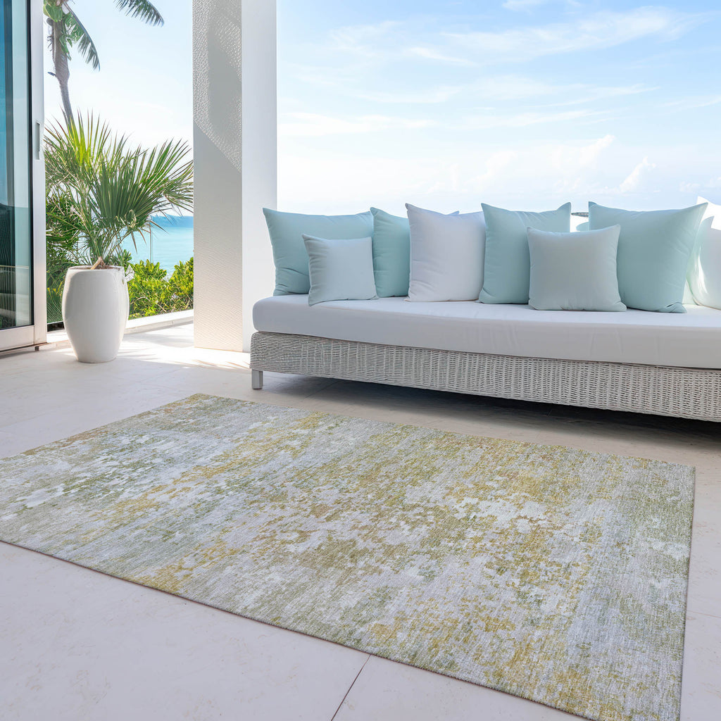 5' X 8' Sage Gold And Ivory Abstract Washable Indoor Outdoor Area Rug