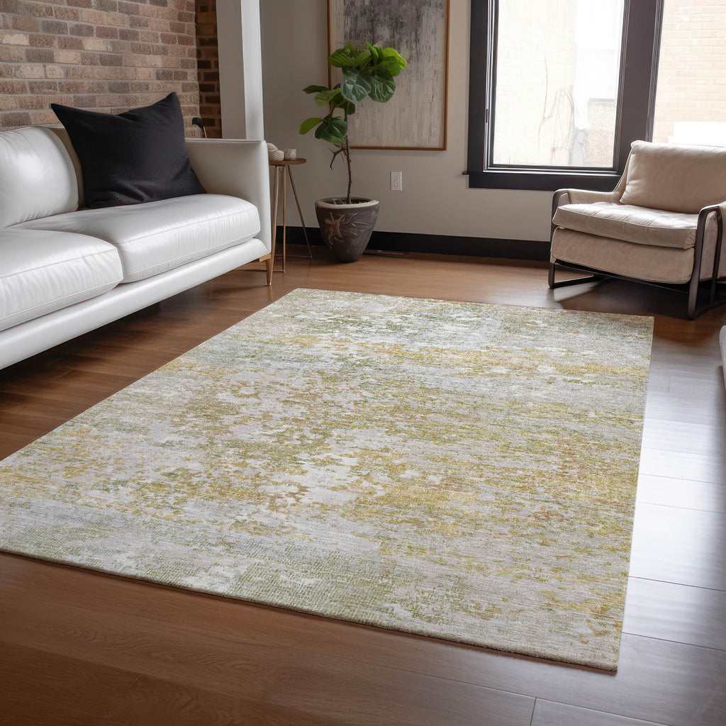 5' X 8' Sage Gold And Ivory Abstract Washable Indoor Outdoor Area Rug