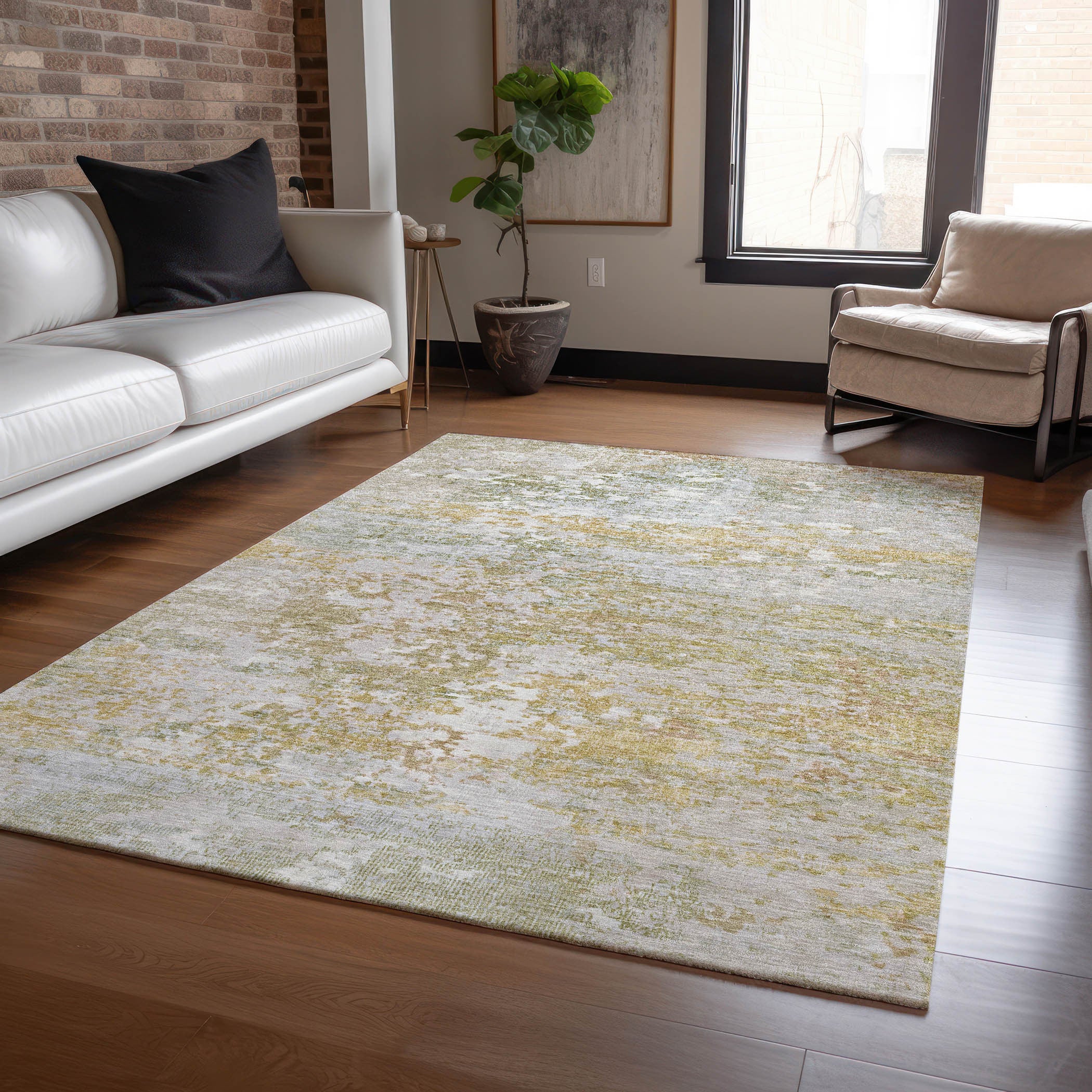 5' X 8' Sage Gold And Ivory Abstract Washable Indoor Outdoor Area Rug