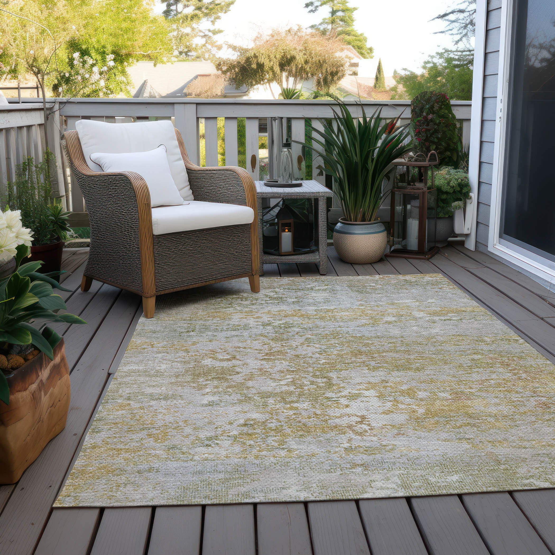 5' X 8' Sage Gold And Ivory Abstract Washable Indoor Outdoor Area Rug