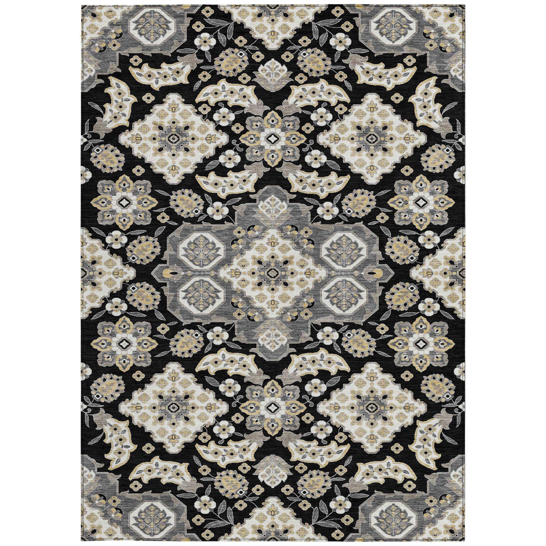 3' X 5' Black Gray And Beige Medallion Washable Indoor Outdoor Area Rug