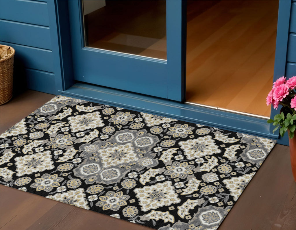 3' X 5' Black Gray And Beige Medallion Washable Indoor Outdoor Area Rug