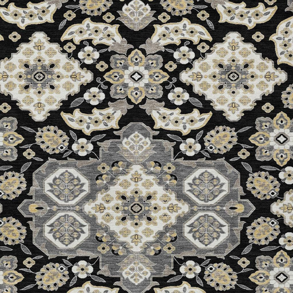 3' X 5' Black Gray And Beige Medallion Washable Indoor Outdoor Area Rug