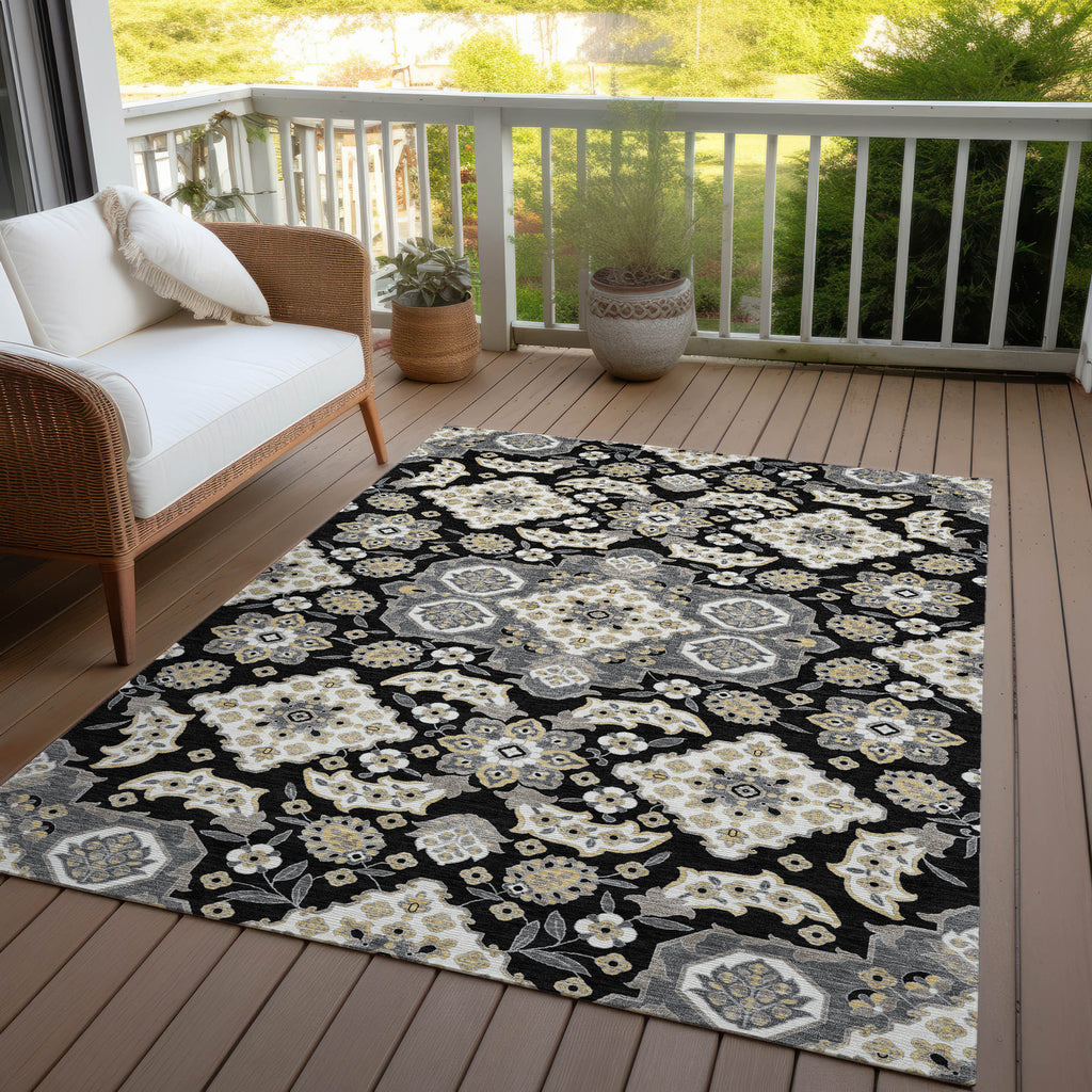 3' X 5' Black Gray And Beige Medallion Washable Indoor Outdoor Area Rug