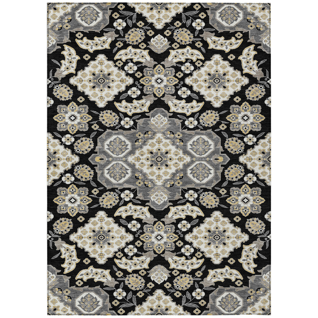 3' X 5' Black Gray And Beige Medallion Washable Indoor Outdoor Area Rug