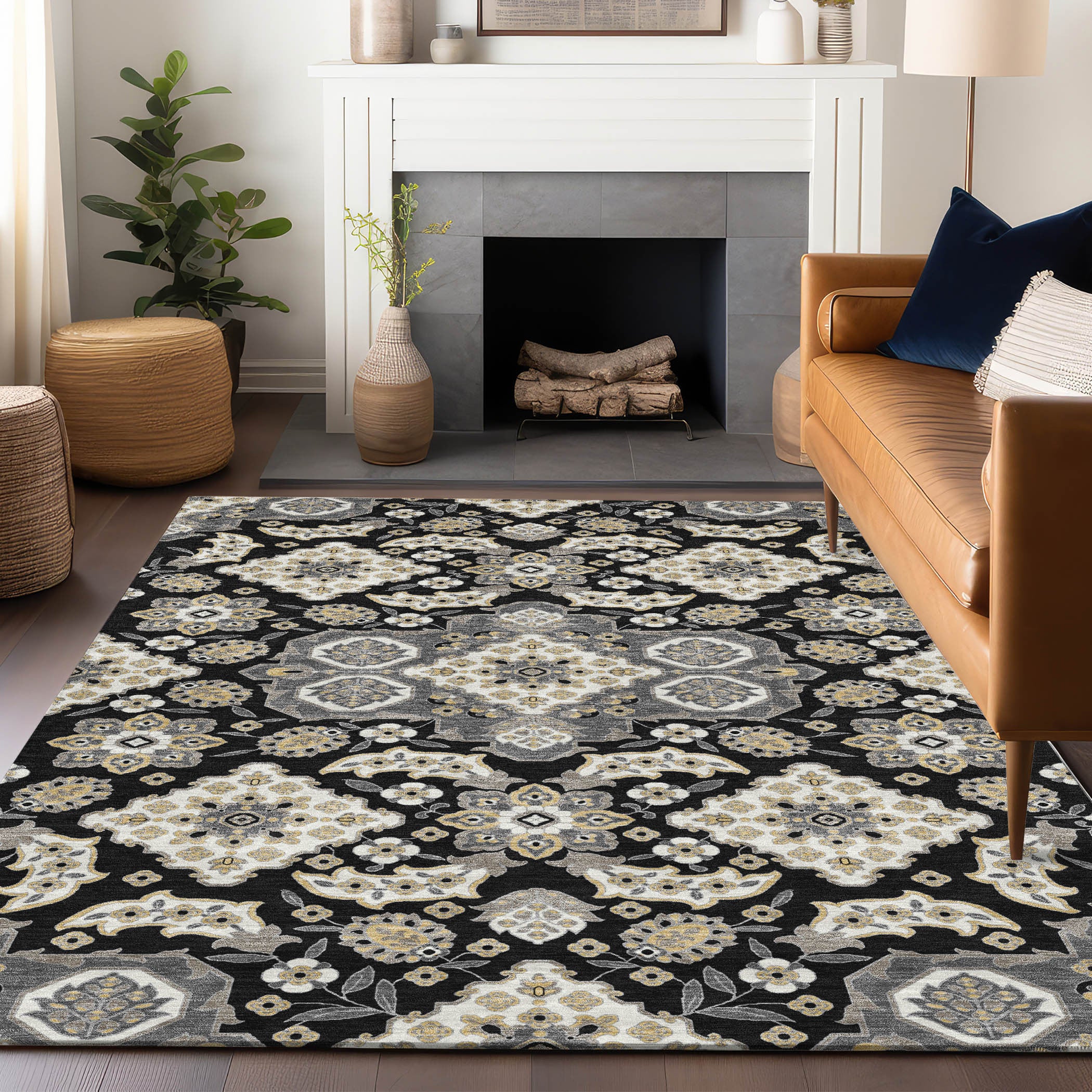 3' X 5' Black Gray And Beige Medallion Washable Indoor Outdoor Area Rug