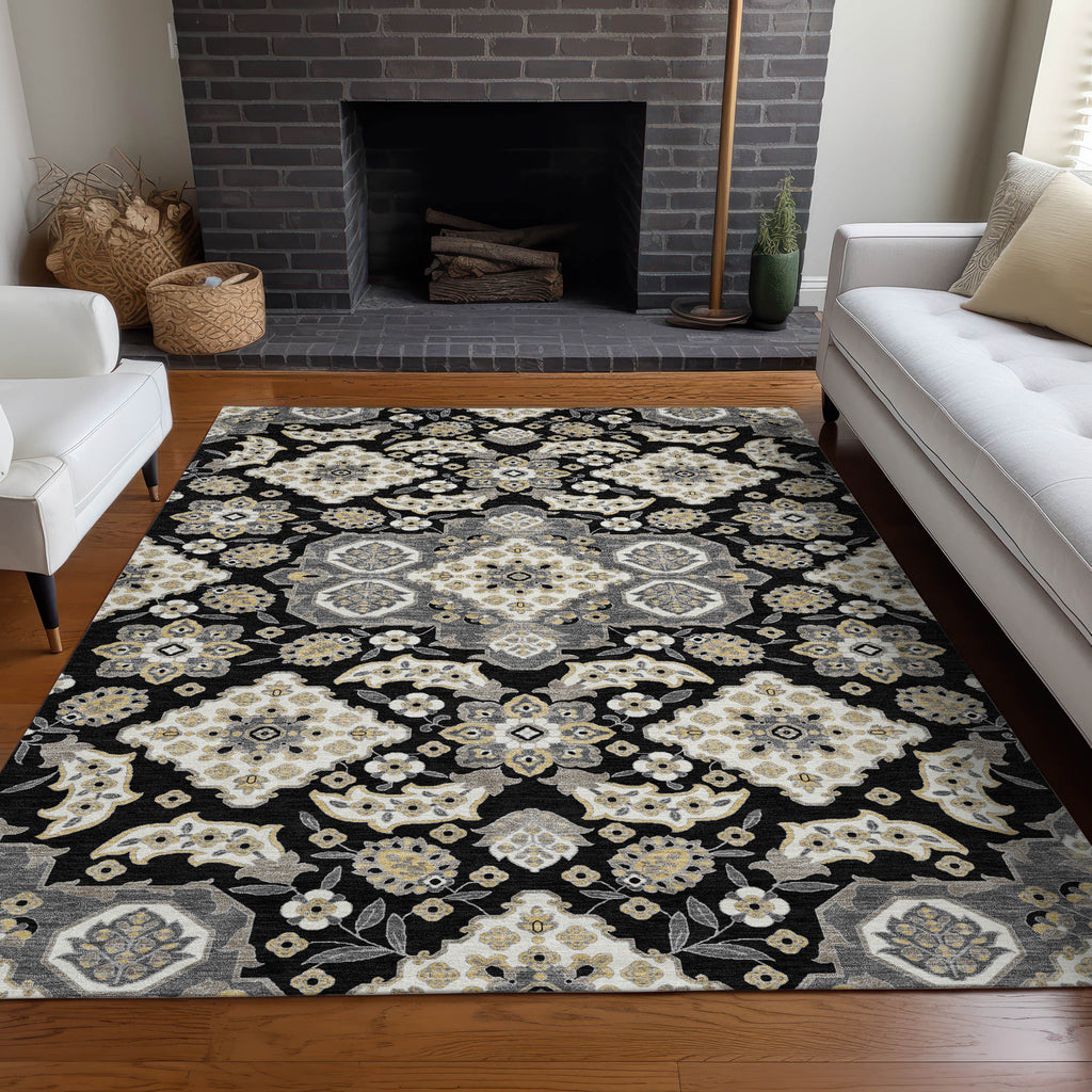 3' X 5' Black Gray And Beige Medallion Washable Indoor Outdoor Area Rug