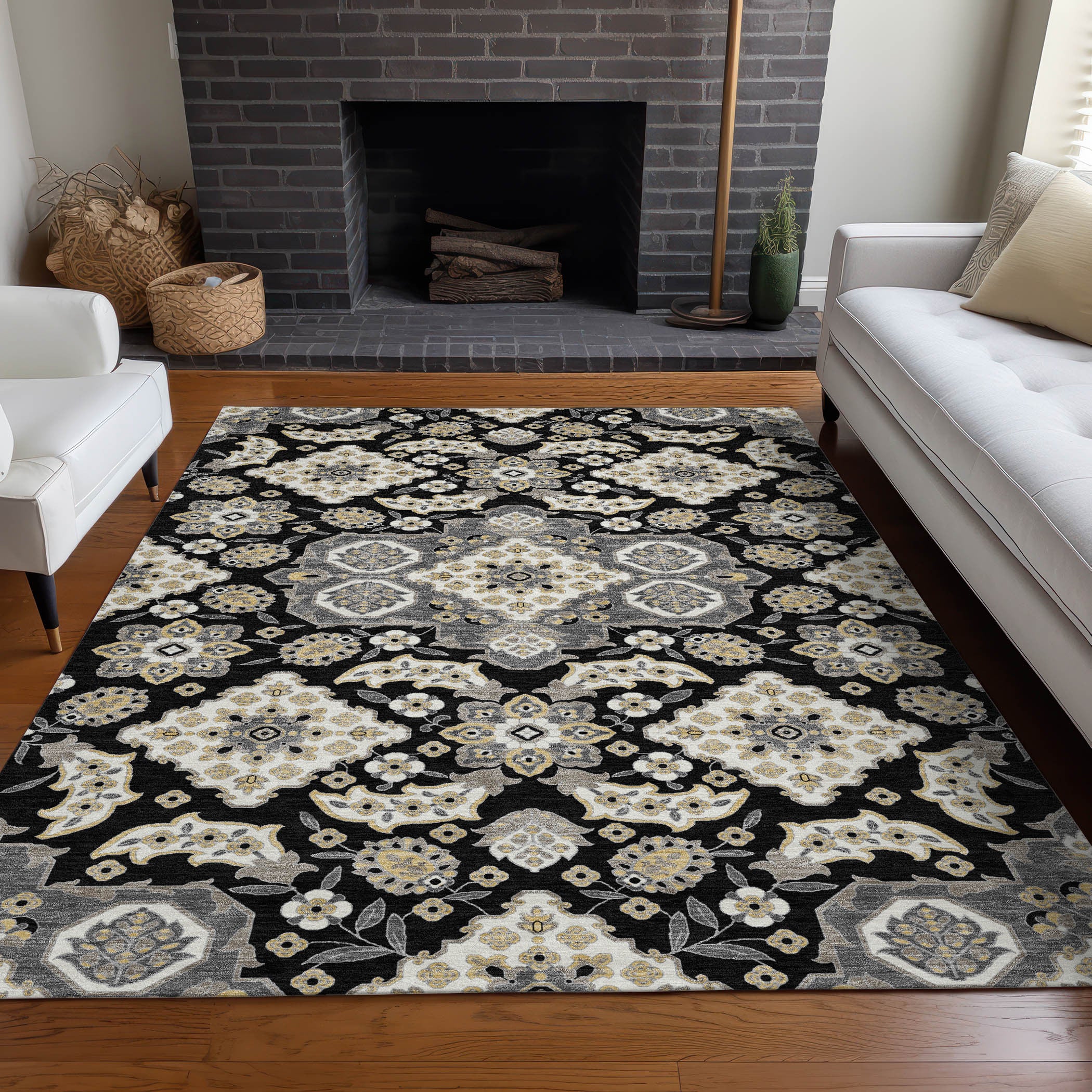3' X 5' Black Gray And Beige Medallion Washable Indoor Outdoor Area Rug