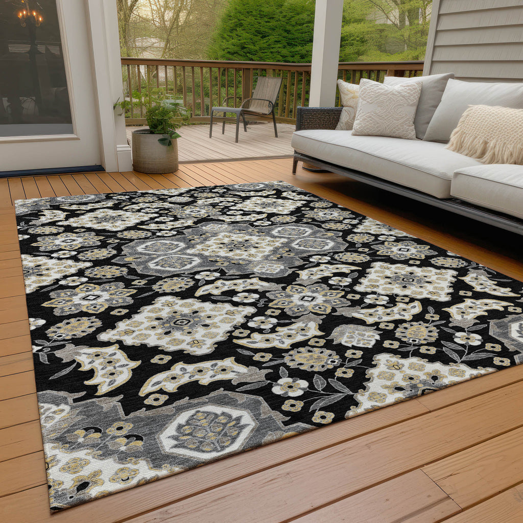 3' X 5' Black Gray And Beige Medallion Washable Indoor Outdoor Area Rug