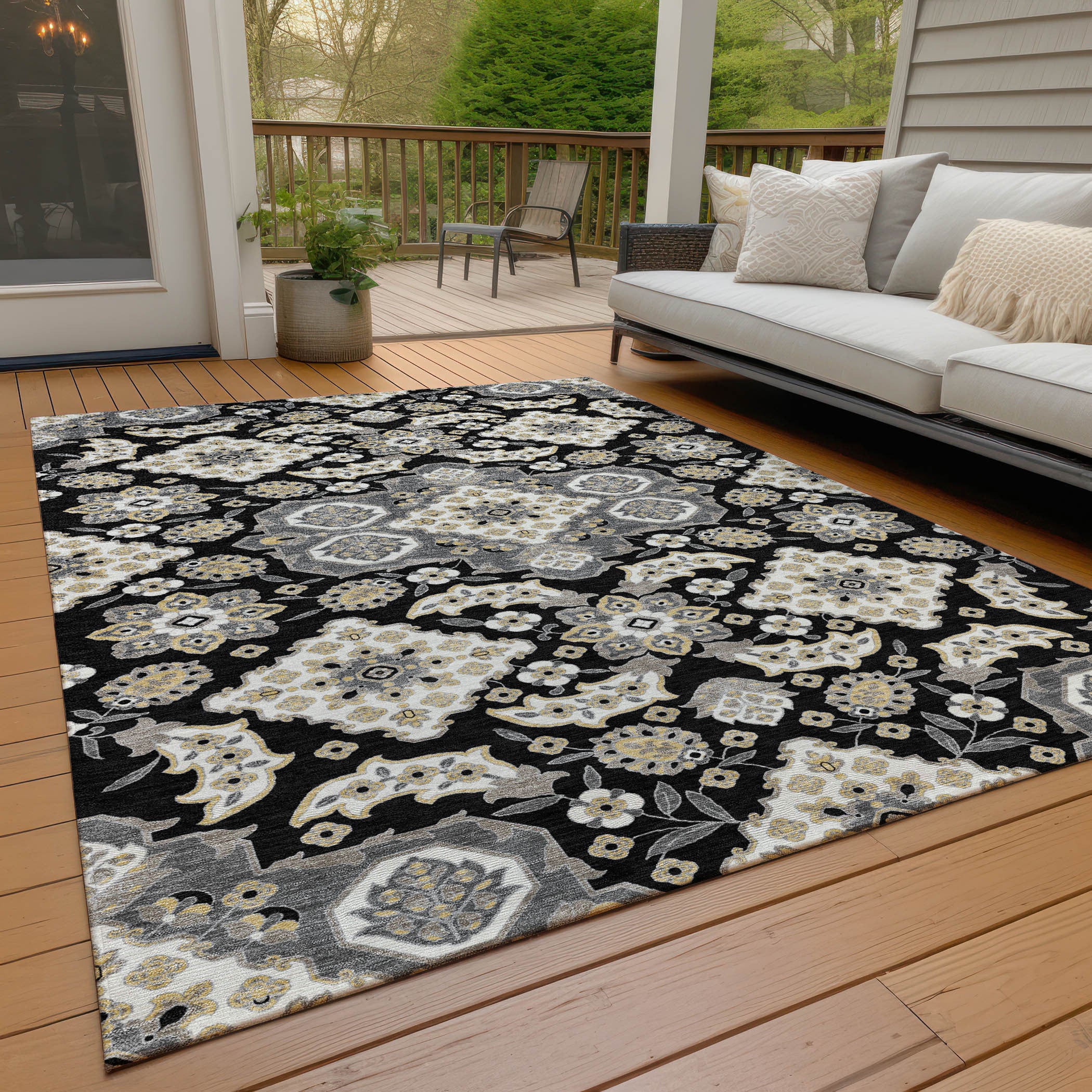 3' X 5' Black Gray And Beige Medallion Washable Indoor Outdoor Area Rug