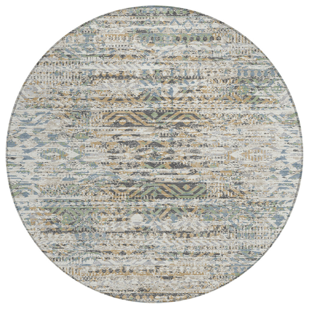8' Ivory And Beige Round Moroccan Washable Indoor Outdoor Area Rug