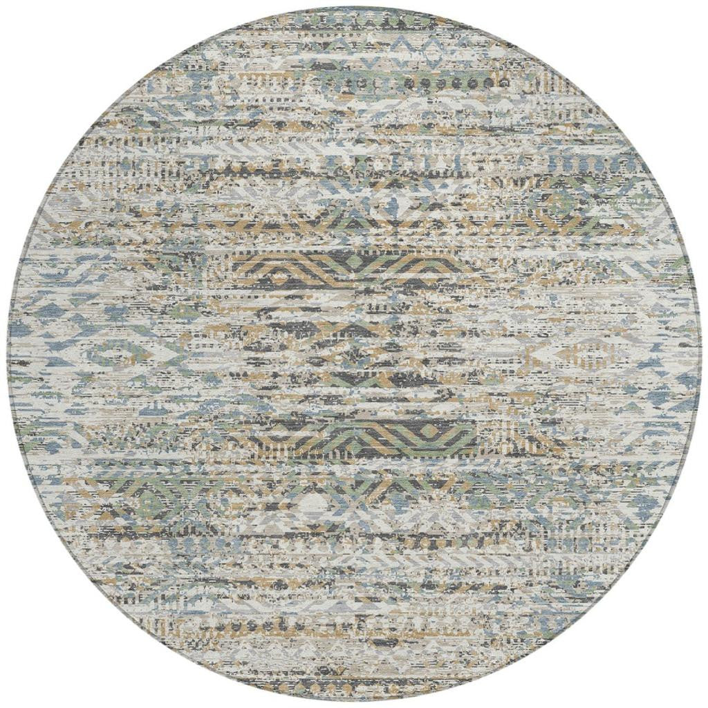 8' Ivory And Beige Round Moroccan Washable Indoor Outdoor Area Rug