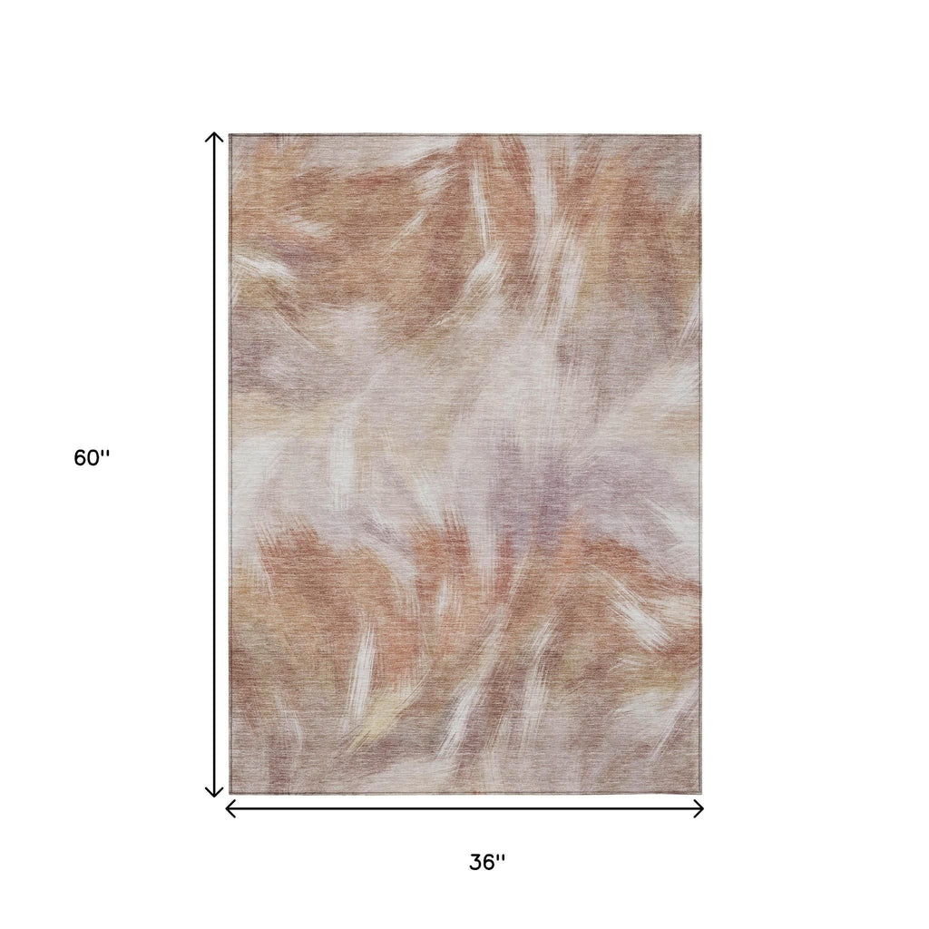 3' X 5' Copper And Ivory Abstract Washable Indoor Outdoor Area Rug