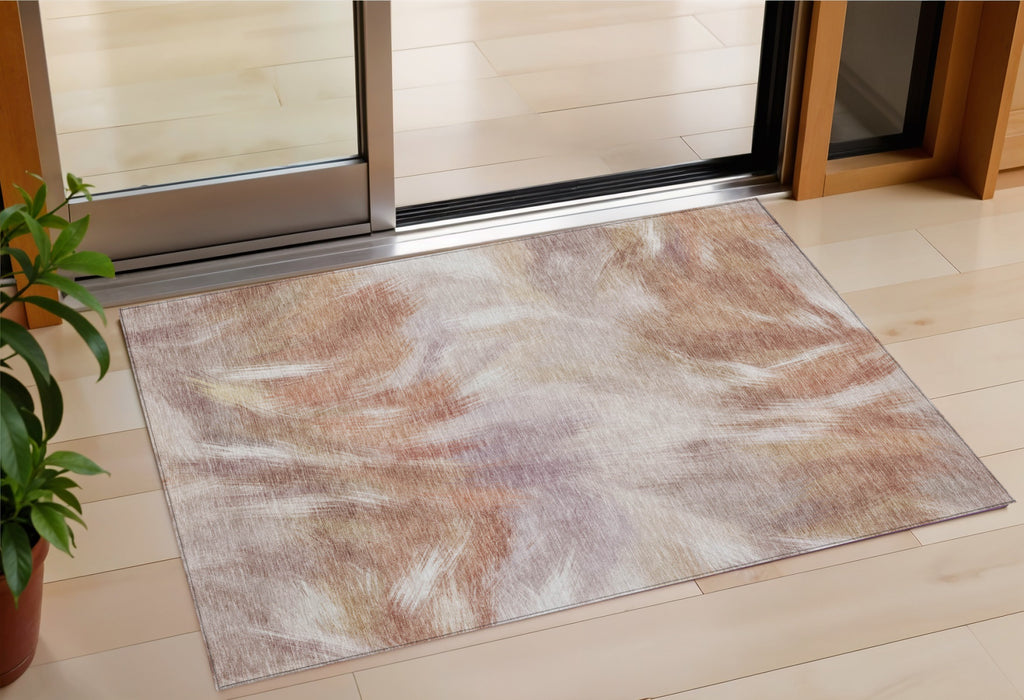 3' X 5' Copper And Ivory Abstract Washable Indoor Outdoor Area Rug