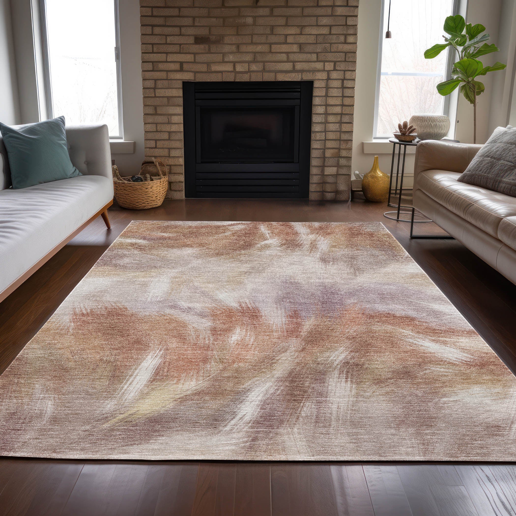 3' X 5' Copper And Ivory Abstract Washable Indoor Outdoor Area Rug